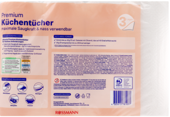 Tył opakowania chłonnych ręczników kuchennych Rossmann Premium, 3-warstwowych, z biało-brzoskwiniową etykietą.