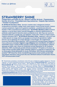 NIVEA Strawberry Shine pomadka koloryzująca, tył opakowania z wielojęzycznym opisem produktu i logo Nivea.