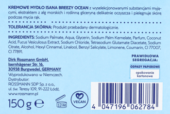 Tył opakowania mydła Isana Breezy Ocean 150g, widoczne składniki, logo vegan i kod kreskowy na jasnoniebieskim tle.