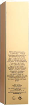 Tył złotego opakowania perfum Elizabeth Arden 5th Avenue ze składnikami i symbolami ostrzegawczymi.