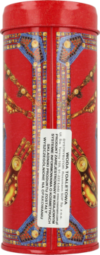 Versace Red Jeans woda toaletowa w czerwonej, ozdobnej puszce, widok z tyłu z naklejką informacyjną.