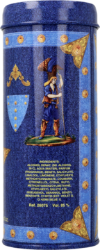 Tył niebieskiego cylindrycznego opakowania Versace Blue Jeans Man, z postacią mężczyzny i listą składników.
