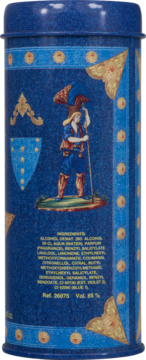 Tył opakowania Versace Blue Jeans Man woda toaletowa. Niebieska puszka z ilustracją postaci i składnikami.