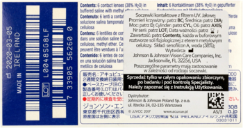 Tył opakowania soczewek kontaktowych z filtrem UV, niebieski, z kodem kreskowym i polskim opisem produktu.