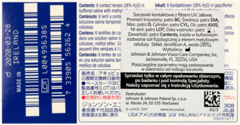 Tył białego opakowania soczewek kontaktowych z filtrem UV. Widać niebieski barcode i wielojęzyczne opisy.