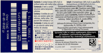Tył opakowania soczewek kontaktowych Johnson & Johnson z filtrem UV, ciemnoniebieskie, z kodem i tekstem.