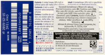 Tył opakowania soczewek kontaktowych Johnson & Johnson z filtrem UV, niebiesko-białe, z kodem kreskowym i tekstem.