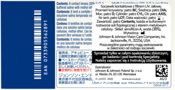 Tylna strona niebiesko-białego opakowania soczewek kontaktowych Johnson & Johnson UV z widocznym kodem EAN.