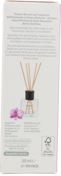 Tył opakowania Domol Perfume & Style Aloha Orchidee 50ml, z grafiką dyfuzora, orchideą i opisami produktu.