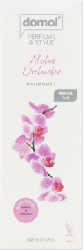 Domol Perfume & Style Aloha Orchidee Raumduft, patyczki zapachowe. Białe opakowanie z różowymi orchideami. Widok z przodu.
