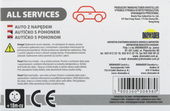 Tył opakowania zabawki auto z napędem Dromader, z kodem kreskowym, CE i polskimi ostrzeżeniami.