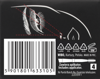 Tył czarnego opakowania pomady Wibo 4 Blonde z kodem kreskowym i grafiką oka w stylu sowy.