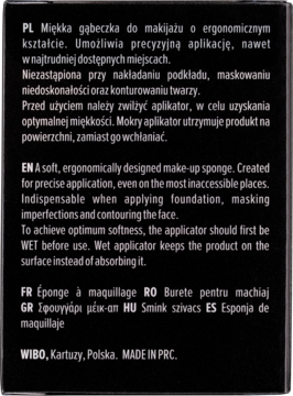 Tył czarnego opakowania WIBO Pro Beauty gąbeczki do makijażu z białymi instrukcjami użycia w wielu językach.