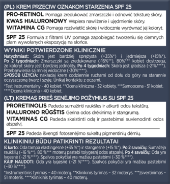 Fragment etykiety kremu L'Oréal Revitalift Laser SPF 25 z opisem składników i wynikami klinicznymi.