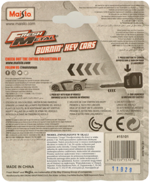 Tył kartonowego opakowania Maisto Fresh Metal Burnin' Key Cars: auto metalowe z wyrzutnią, z tekstem i kodem kreskowym.
