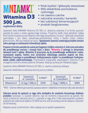 Informacyjna ulotka suplementu Mniamki Witamina D3 500 j.m., z listą cech i tabelą RWS.