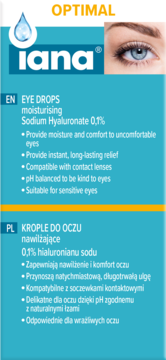 Niebieskie opakowanie Iana Eye Drops nawilżające z hialuronianem sodu 0.1%, widok z przodu, z okiem i kroplą.