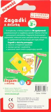 Tył czerwono-zielonego opakowania Zagadki z dziurką 3+, z opisem treści i ilustracjami kart.