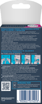 Tył ciemnego opakowania Veet plastrów z woskiem, z instrukcjami aplikacji na twarz i kodem QR.