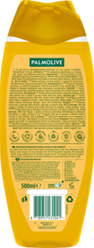 Tył żółtej butelki żelu Palmolive Thermal Spa 500ml, widoczna etykieta ze składnikami.