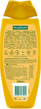 Tył żółtej butelki żelu pod prysznic Palmolive Thermal Spa 500ml z informacjami o składzie i kodem kreskowym.