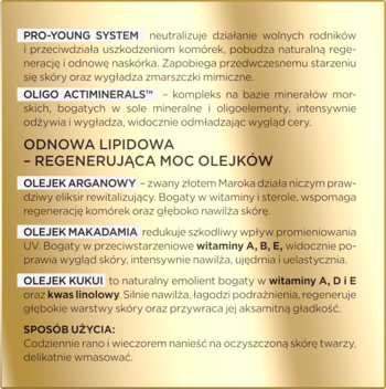 Luksusowy krem-serum 30+ z tyłu, złota etykieta z opisem PRO-YOUNG SYSTEM, olejków arganowego i makadamia.