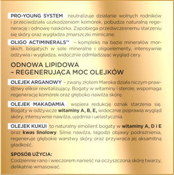 Tekstowy opis luksusowego kremu-serum 30+, na złotym tle, z detalami o składnikach (olejki) i stosowaniu.