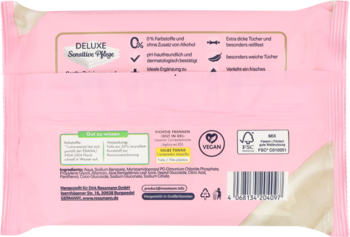 Tył różowego opakowania chusteczek nawilżanych DELUXE Sensitiv. Widoczne informacje o składzie, cechach i certyfikacie VEGAN.