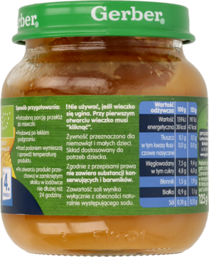 Tył słoiczka Gerber Organic z przecierem dyniowo-ziemniaczanym, widoczna etykieta z polskim tekstem.