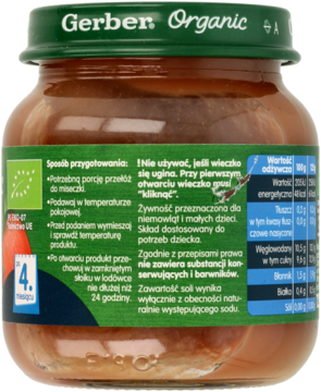 Gerber Organic deser owocowy, tył słoika z zieloną zakrętką, widoczne instrukcje i informacja dla 4m+.