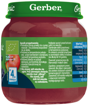Tył słoiczka Gerber Organic z musem jabłkowo-jagodowym, zielona nakrętka, etykieta z instrukcją i informacją od 4. miesiąca.