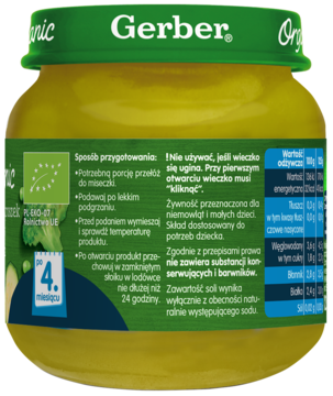 Tył słoika Gerber Organic z jedzeniem dla niemowląt, etykieta z instrukcją i informacjami.