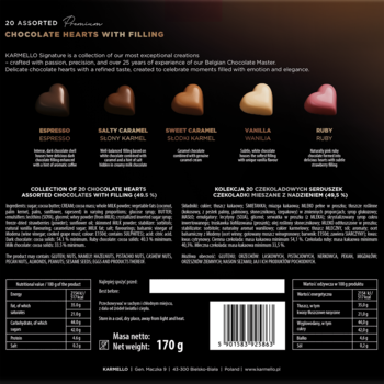 Tył czarnego opakowania z 20 czekoladowymi serduszkami z nadzieniem o smakach karmel, wanilia, kawa.