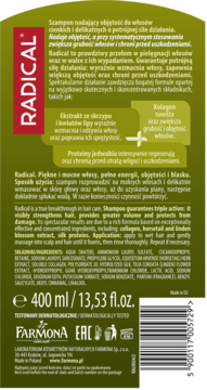 Tył zielonego szamponu Radical 400ml, dodającego objętość włosom cienkim, z opisem składników i działania.