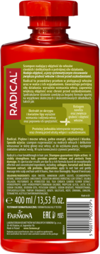 Tył czerwonego szamponu Radical 400ml. Zielona etykieta z opisem potrójnego działania na objętość włosów.