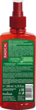 Tył czerwonej butelki sprayu Radical, mgiełki wzmacniającej włosy przeciw wypadaniu, z etykietą 200 ml.