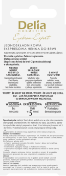 Tył opakowania Delia Eyebrow Expert, czarna ekspresowa henna do brwi, z białym tłem i polskim tekstem.