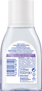 Tył opakowania Nivea Kojącego Płynu Micelarnego 100ml dla cery wrażliwej, z etykietą, kodem kreskowym i składem.