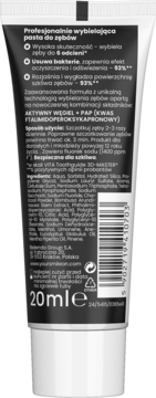 Tył tubki wybielającej pasty do zębów z aktywnym węglem i PAP, 20ml, widoczne składniki i kod kreskowy.