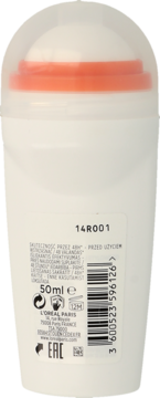 Tył męskiego antyperspirantu L'Oréal Men Expert Shirt Protect w białej butelce z pomarańczowym paskiem.