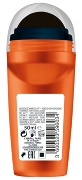 Pomarańczowy antyperspirant L'Oréal roll-on 50ml, widok z tyłu, z białą etykietą i kodem kreskowym.
