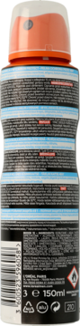 Tył czarnego antyperspirantu L'Oréal Men Expert Carbon Protect 150ml z pomarańczową nakładką, widoczne ostrzeżenia i kod kreskowy.