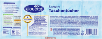 Tył opakowania chusteczek higienicznych Alouette Sensitiv, 4-warstwowych, z Defensil.