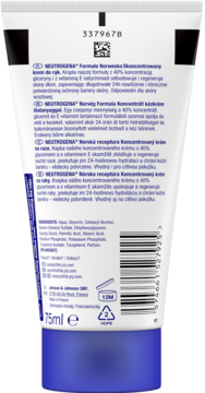 Tył białej tubki Neutrogena skoncentrowany krem do rąk 75ml, z polskim tekstem, kodem kreskowym i składnikami.