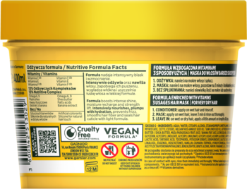 Tył maski Garnier Fructis Banana Hair Food. Żółte opakowanie z etykietą i listą składników.