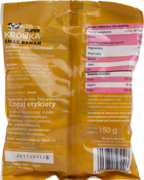 Żółty tył opakowania wegańskich krówek bananowych Super Krówka 150g, z widocznym składem i datą ważności.