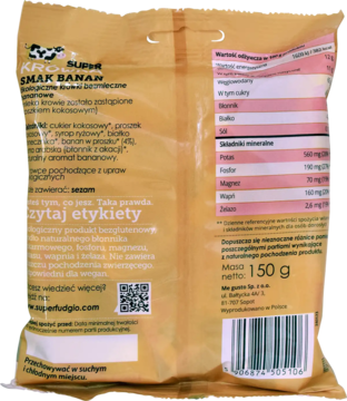 Tył żółto-brązowego opakowania ekologicznych krówek bezmlecznych bananowych Super Fudgio z listą składników i kodem.