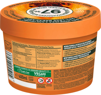 Tył pomarańczowej tuby 400ml maski do włosów Garnier Fructis Papaya Hair Food, z etykietami i informacją o składzie.