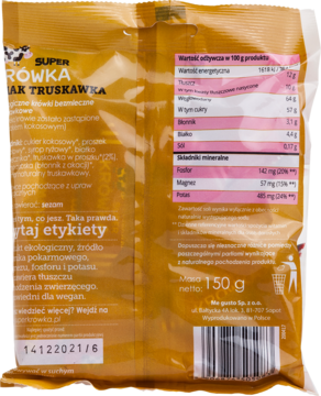 Tylna strona złotego opakowania wegańskich krówek truskawkowych Super Krówka z tabelą wartości odżywczych.
