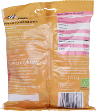 Tył złotego opakowania ekologicznych krówek truskawkowych bezmlecznych, z tabelą wartości odżywczych i składem.